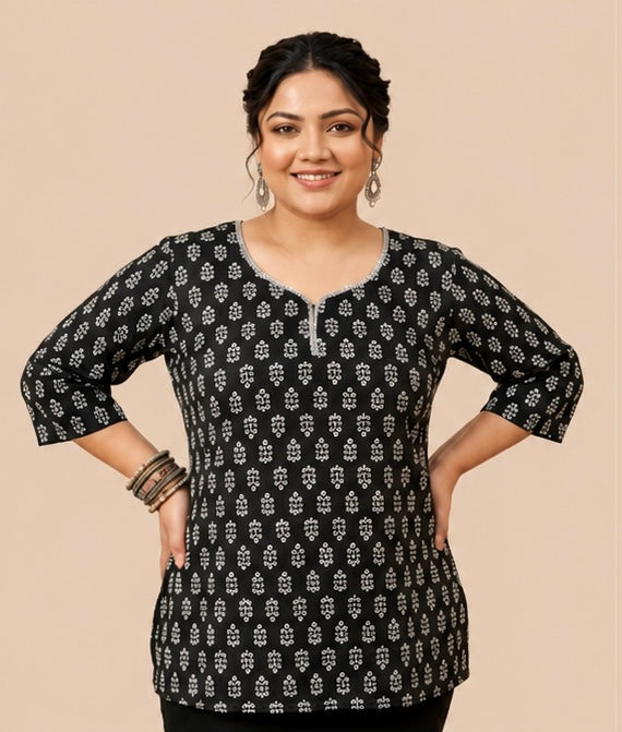 Black Printed Women’s Cotton Tunic Top with 3/4 Sleeves