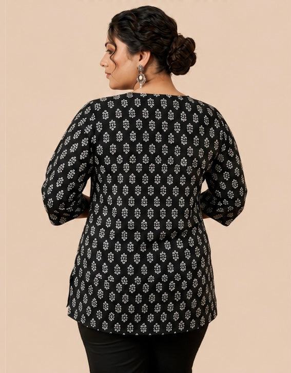 Black Printed Women’s Cotton Tunic Top with 3/4 Sleeves