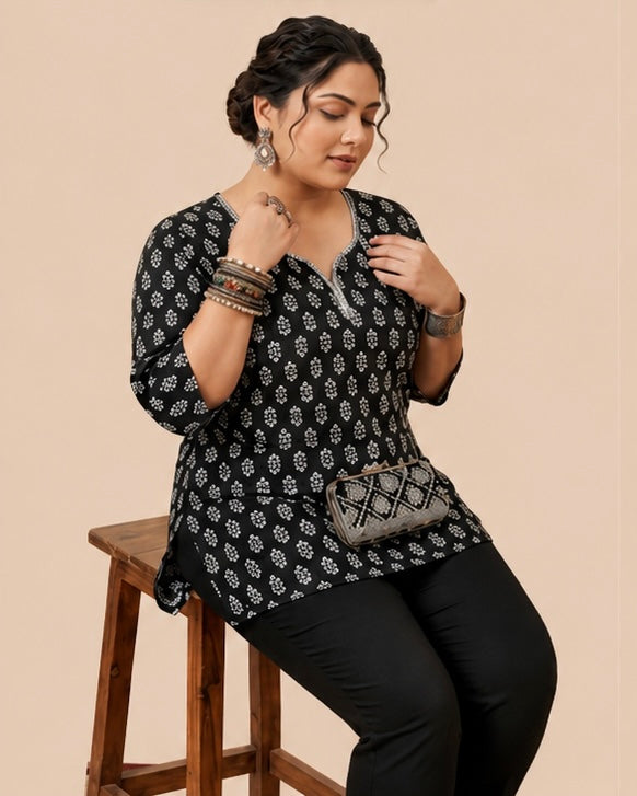 Black Printed Women’s Cotton Tunic Top with 3/4 Sleeves