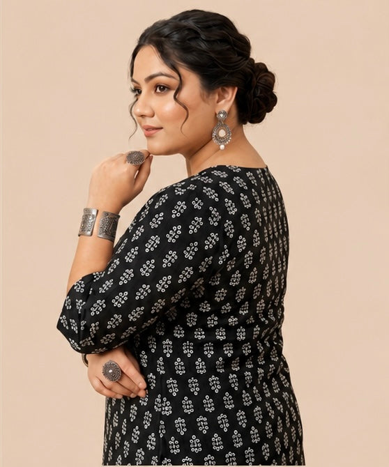 Black Printed Women’s Cotton Tunic Top with 3/4 Sleeves