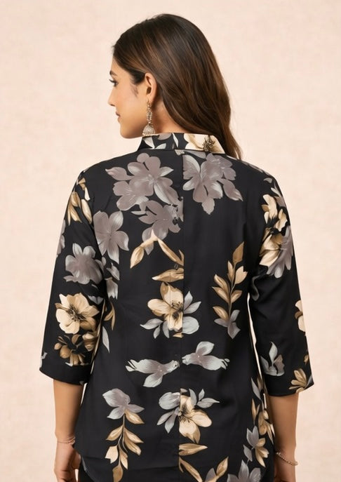 Elegant Women's Black Floral Printed Shirt | Regular Fit Casual Tunic Top