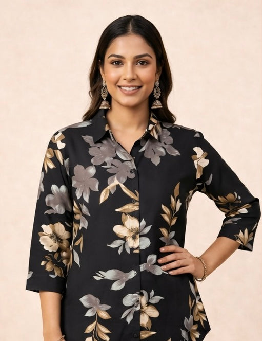 Elegant Women's Black Floral Printed Shirt | Regular Fit Casual Tunic Top