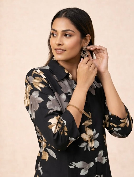 Elegant Women's Black Floral Printed Shirt | Regular Fit Casual Tunic Top
