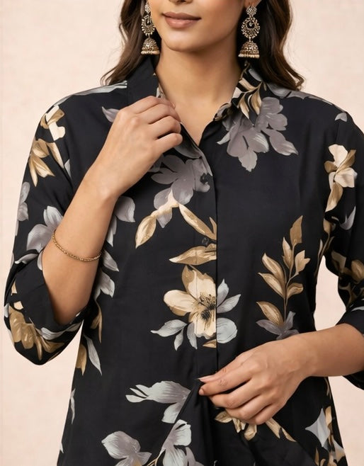 Elegant Women's Black Floral Printed Shirt | Regular Fit Casual Tunic Top