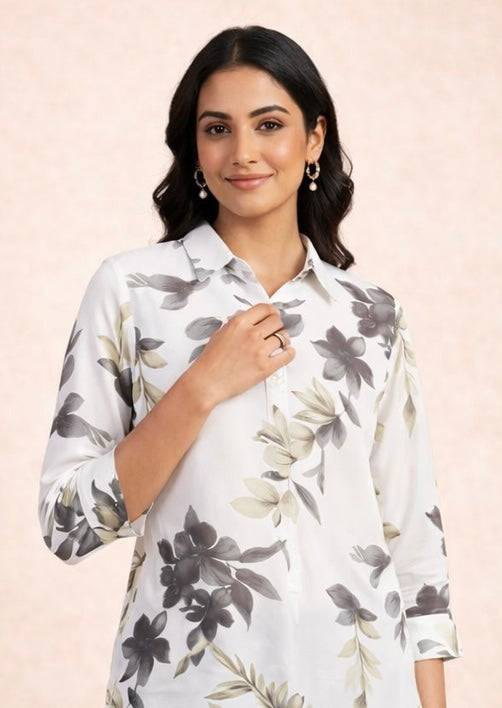 Elegant Women's Off-White Floral Printed Shirt | Regular Fit Casual Tunic Top