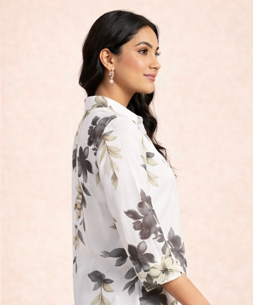 Elegant Women's Off-White Floral Printed Shirt | Regular Fit Casual Tunic Top