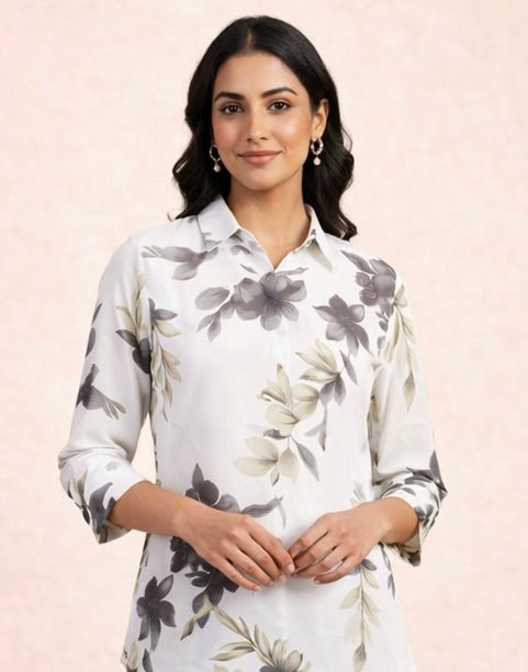 Elegant Women's Off-White Floral Printed Shirt | Regular Fit Casual Tunic Top