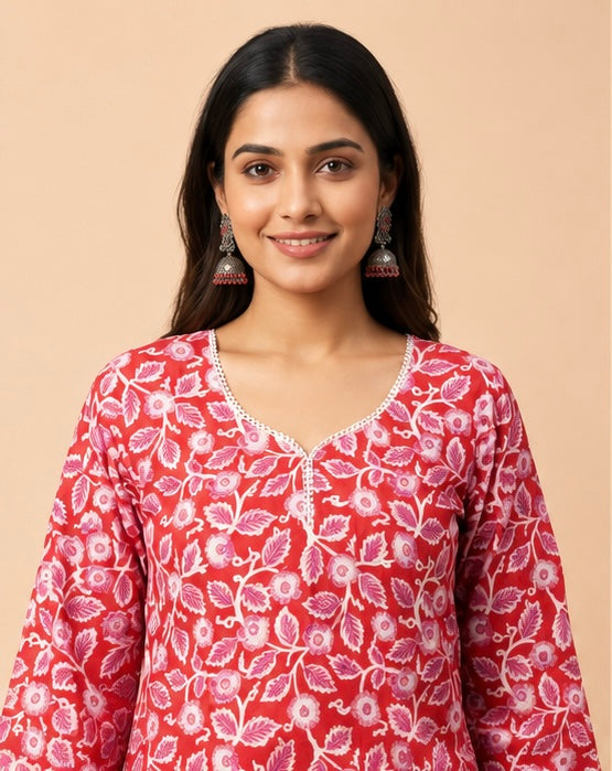 Pink Floral Print Women’s Cotton Tunic Top with 3/4 Sleeves
