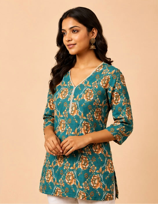 Teal Blue Floral V-Neck Short Kurti