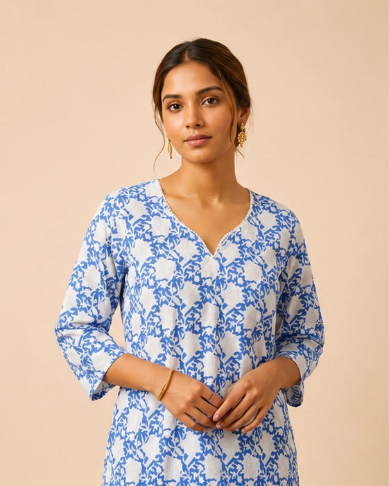 Azure Bloom Cotton Tunic – Crisp White & Blue Floral Artisan Top
