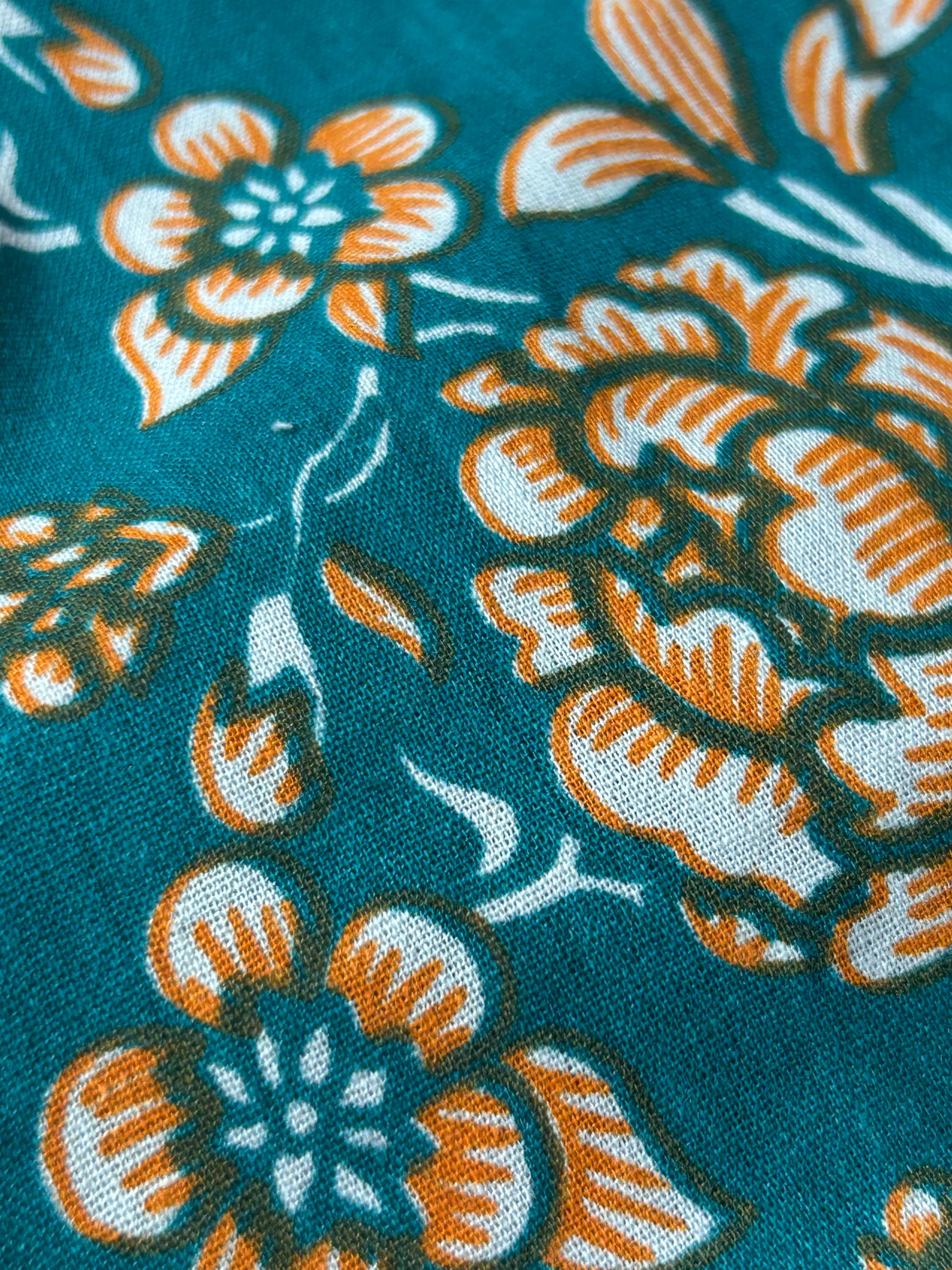 Teal Blue Floral V-Neck Short Kurti