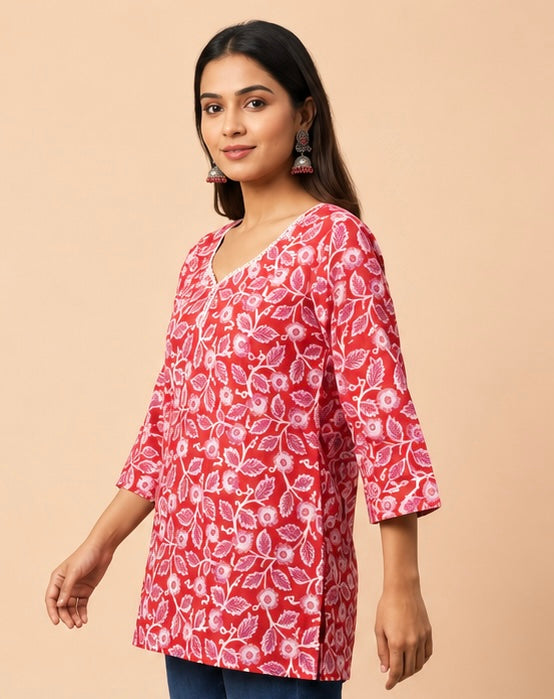 Pink Floral Print Women’s Cotton Tunic Top with 3/4 Sleeves