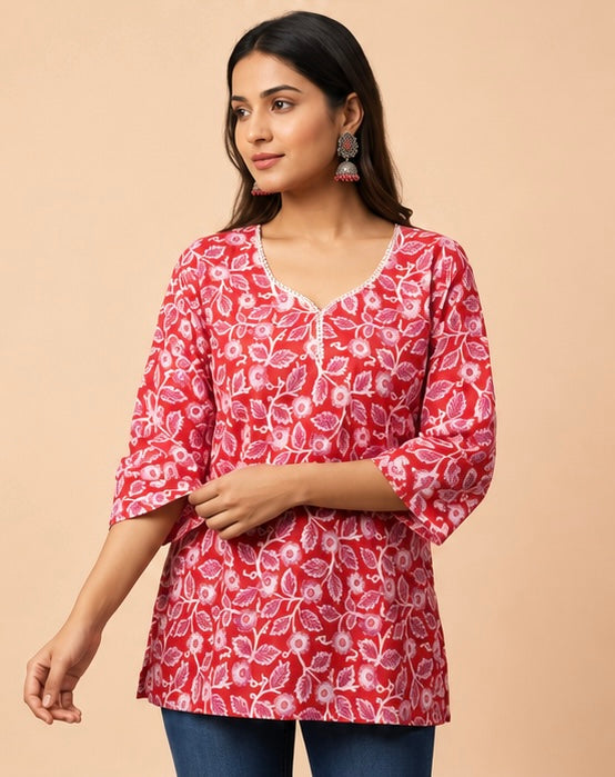 Pink Floral Print Women’s Cotton Tunic Top with 3/4 Sleeves