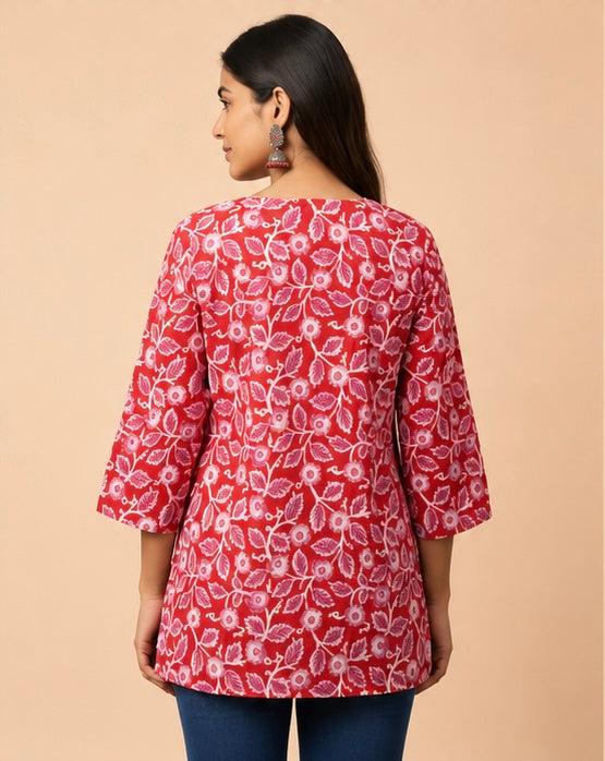 Pink Floral Print Women’s Cotton Tunic Top with 3/4 Sleeves