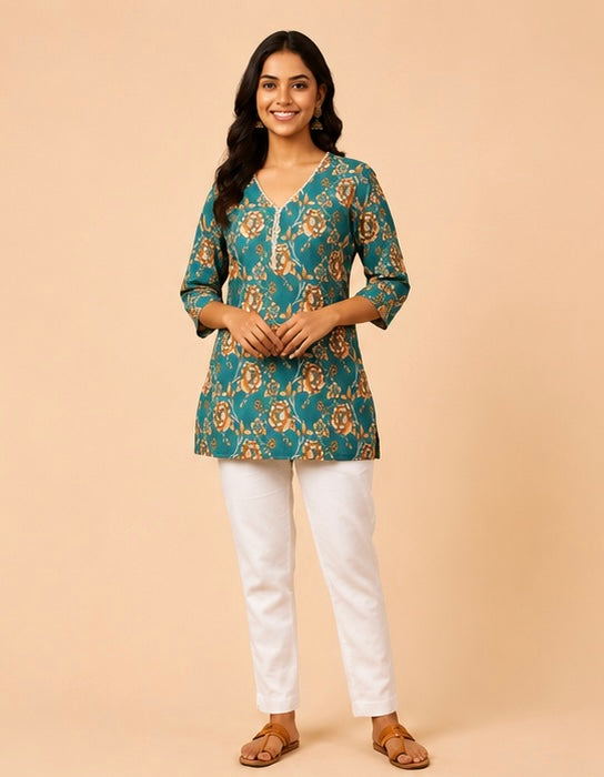 Teal Blue Floral V-Neck Short Kurti