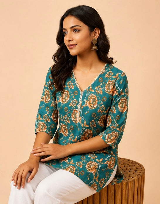 Teal Blue Floral V-Neck Short Kurti