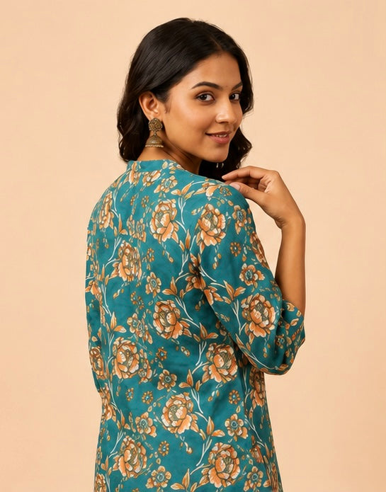 Teal Blue Floral V-Neck Short Kurti