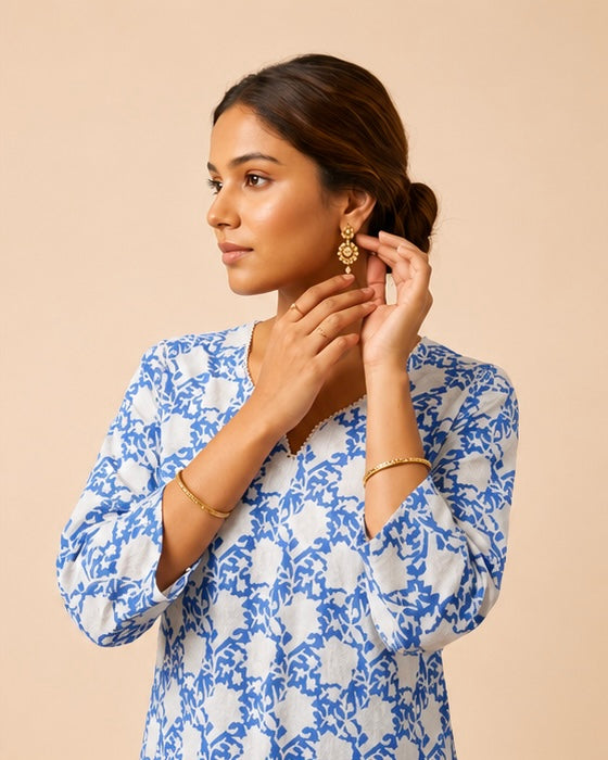 Azure Bloom Cotton Tunic – Crisp White & Blue Floral Artisan Top
