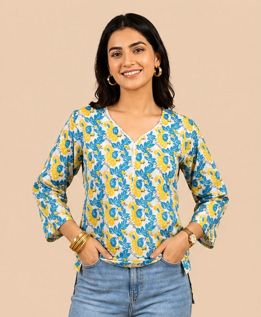 Blue & Yellow Floral Print Cotton Casual Top