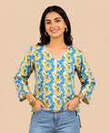 Blue & Yellow Floral Print Cotton Casual Top