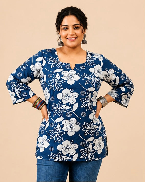 Blue Floral Print Women’s Cotton Tunic Top