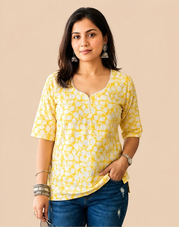 Mustard/Lemon Yellow Summer Floral Cotton Tunic