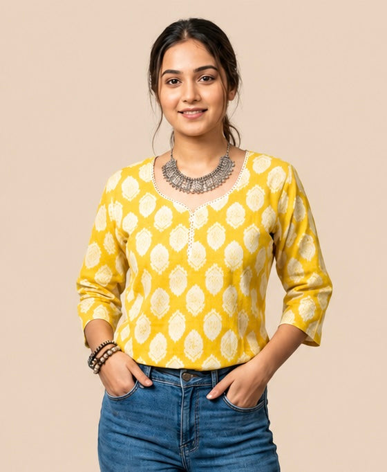Vibrant Yellow Floral Print Cotton Casual Top