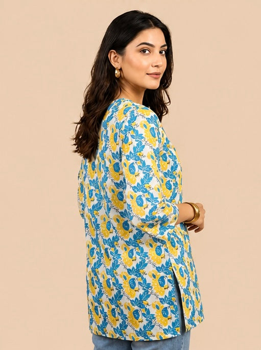 Blue & Yellow Floral Print Cotton Casual Top