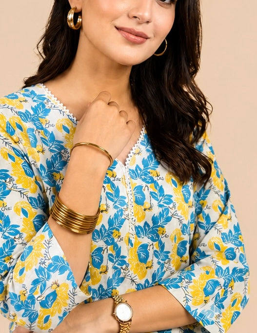 Blue & Yellow Floral Print Cotton Casual Top