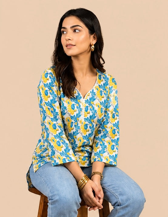 Blue & Yellow Floral Print Cotton Casual Top