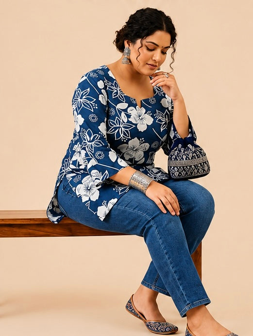Blue Floral Print Women’s Cotton Tunic Top