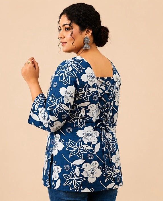 Blue Floral Print Women’s Cotton Tunic Top