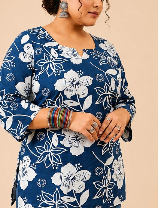 Blue Floral Print Women’s Cotton Tunic Top