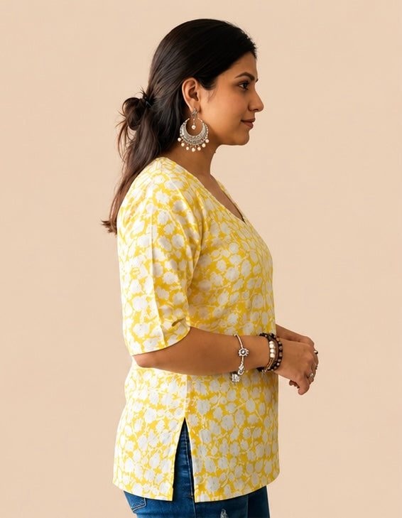 Mustard/Lemon Yellow Summer Floral Cotton Tunic