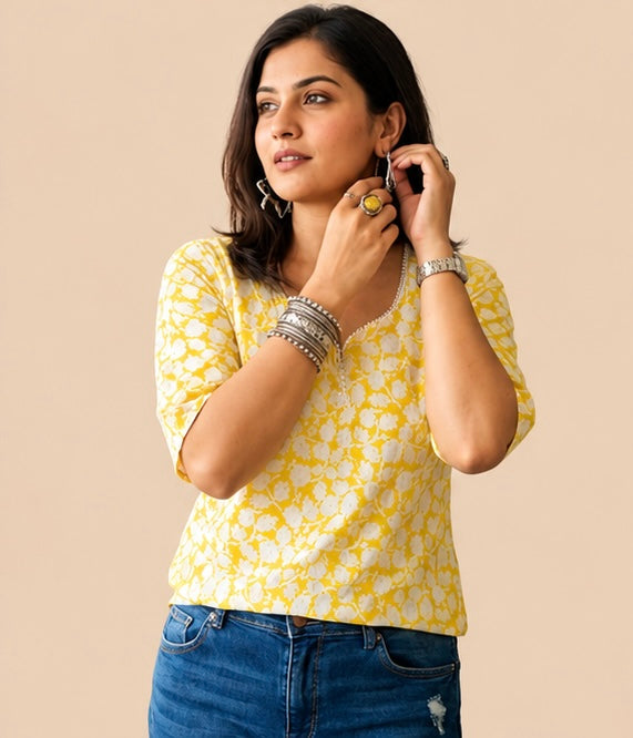 Mustard/Lemon Yellow Summer Floral Cotton Tunic
