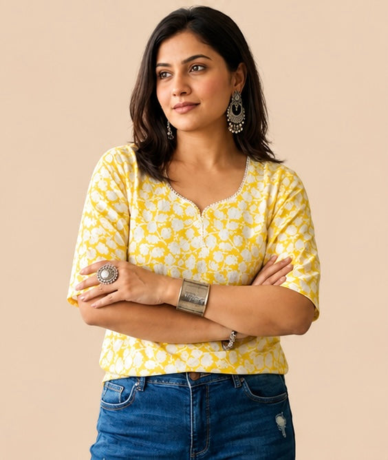 Mustard/Lemon Yellow Summer Floral Cotton Tunic