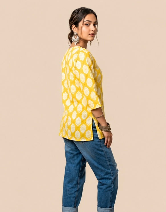 Vibrant Yellow Floral Print Cotton Casual Top