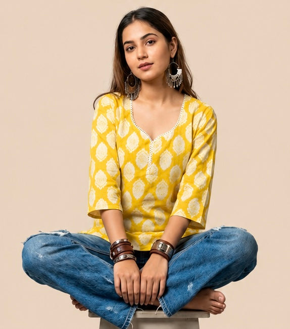 Vibrant Yellow Floral Print Cotton Casual Top