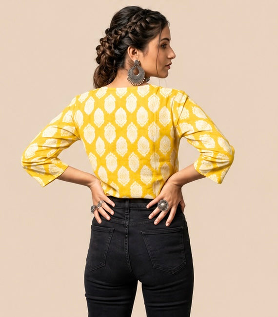 Vibrant Yellow Floral Print Cotton Casual Top