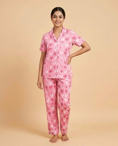 Trend-Setter Women's Pink Heart-Patterned Night Suit
