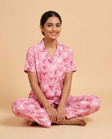 Trend-Setter Women's Pink Heart-Patterned Night Suit