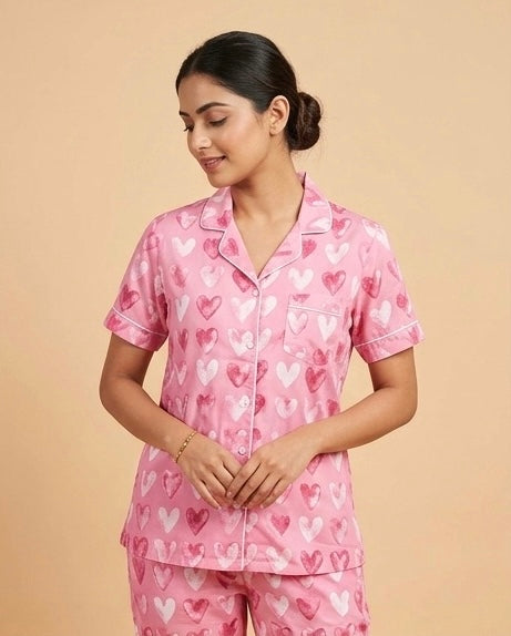 Trend-Setter Women's Pink Heart-Patterned Night Suit