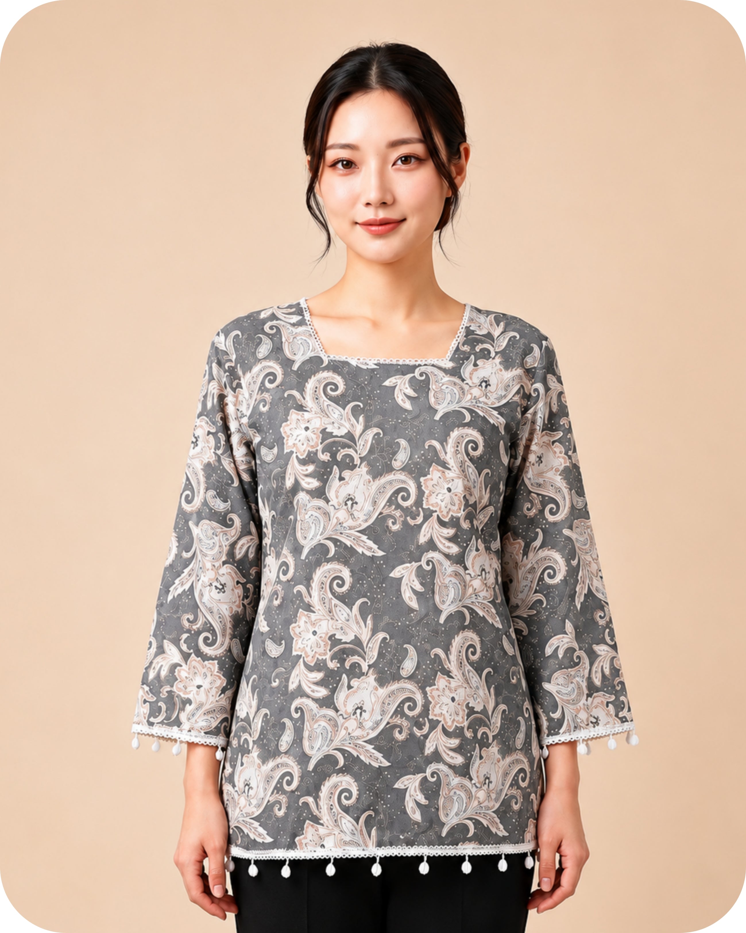 Grey Paisley Printed Premium Kurti Top