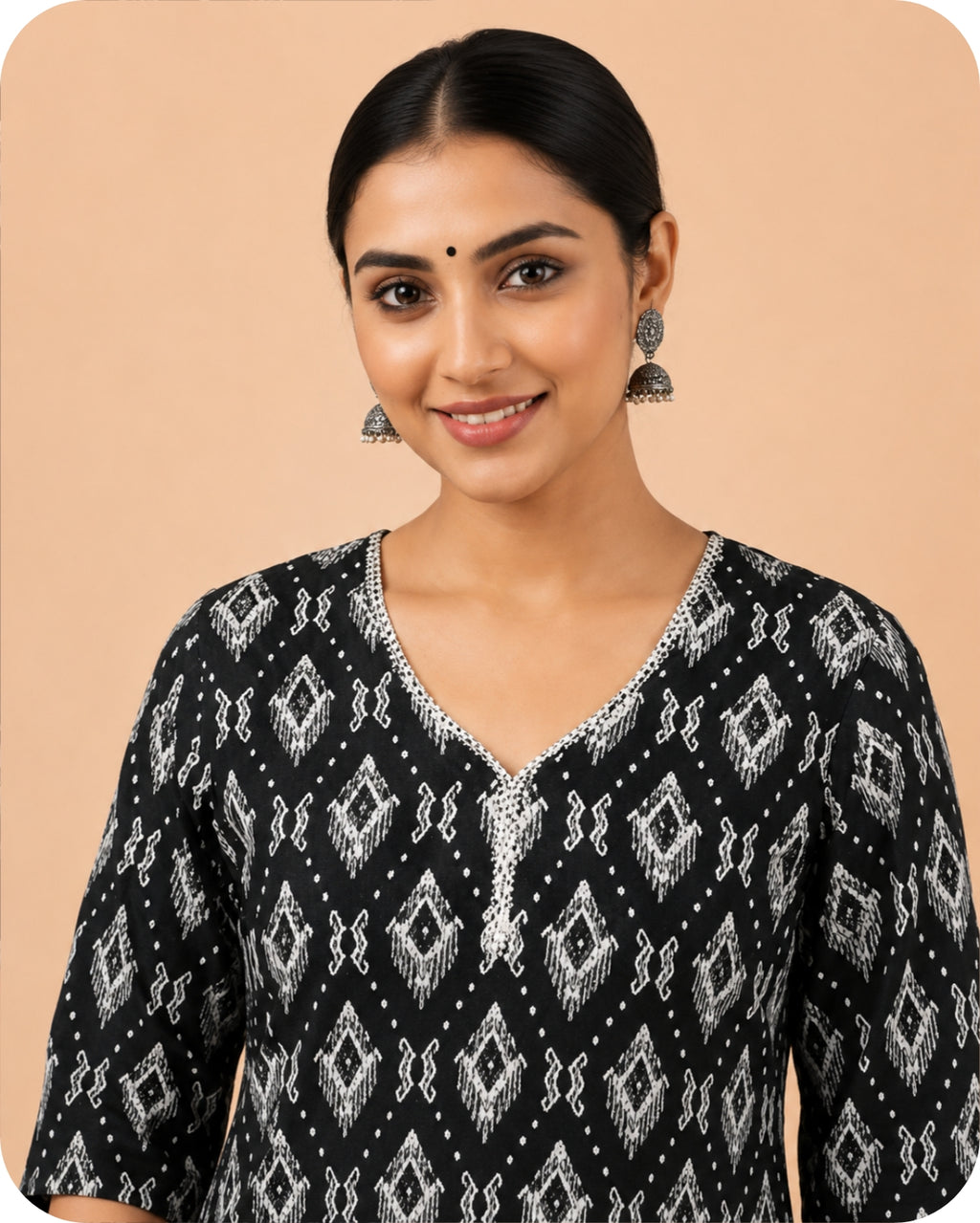 Black Ikat Printed Ethnic Kurti Top for Women