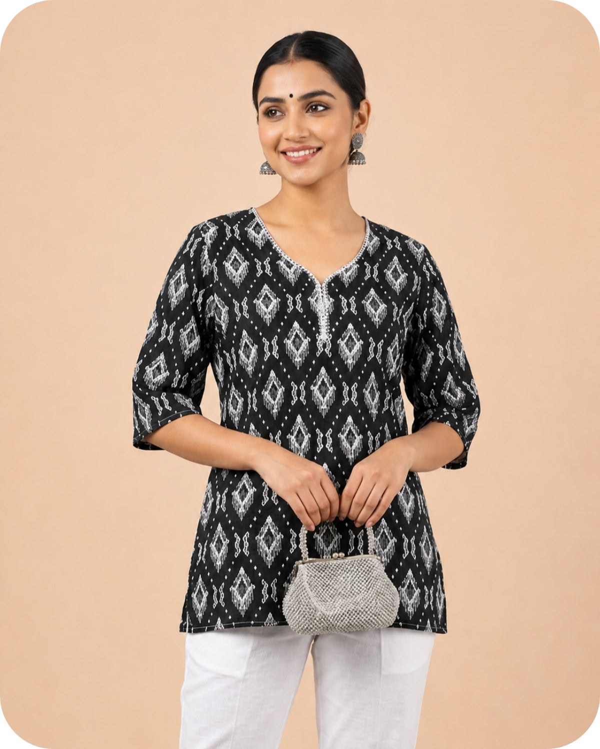 Black Ikat Printed Ethnic Kurti Top for Women